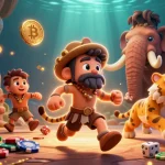Une scène de casino animé avec homme des cavernes et tigre à dents de sabre, jouant à logiciel espion téléphone, plein de détails.