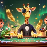 Experience the thrill of the sun at the casino with a whimsical giraffe, monkey, and chameleon interacting at a vibrant gaming table.