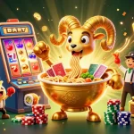 Casino en ligne avec un bol ramen géant et personnages de jeu animés, ambiance festive de jackpot