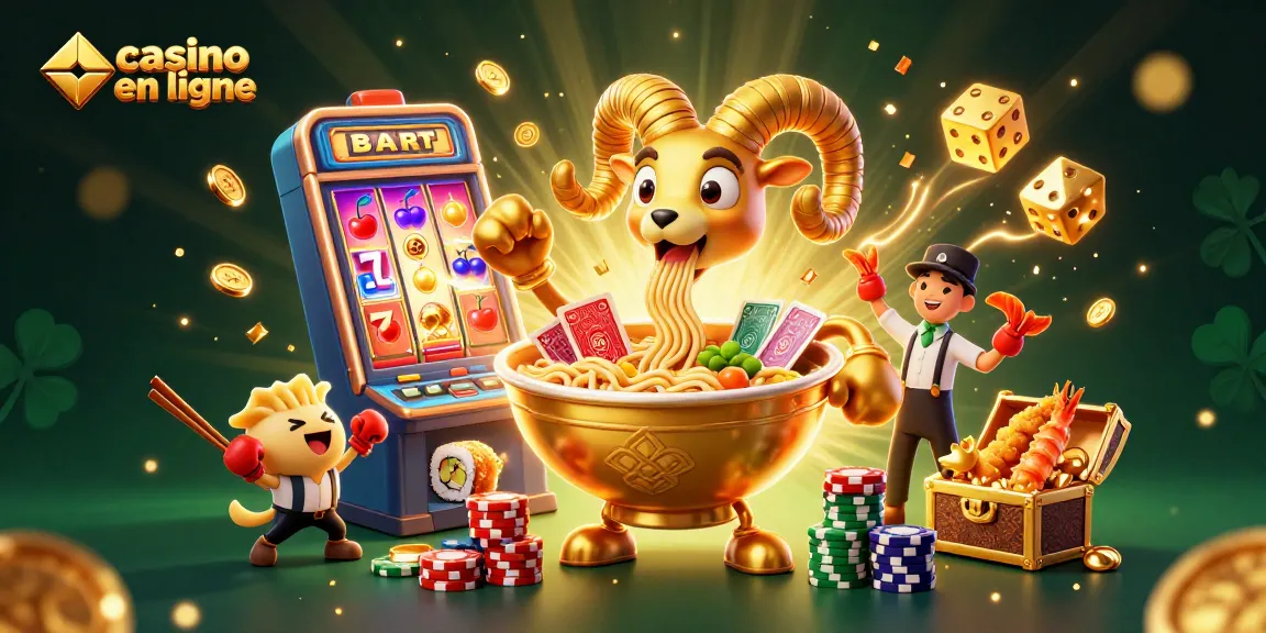 Casino en ligne avec un bol ramen géant et personnages de jeu animés, ambiance festive de jackpot