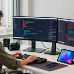 Developer coding at a modern workspace with vibrant screens showcasing 纸飞机中文版 applications and tools, reflecting a dynamic tech environment.