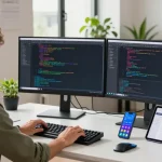 Developer working on 纸飞机中文版 in a modern tech office.