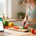 Woman preparing a meal with the best nutrition tracking app visible in a sunny kitchen.