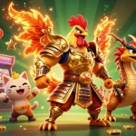 Winbox brings excitement with a vibrant 3D scene showcasing a warrior rooster and a dragon amid slots and gaming elements.