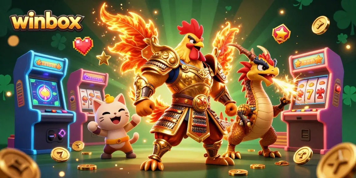 Winbox brings excitement with a vibrant 3D scene showcasing a warrior rooster and a dragon amid slots and gaming elements.