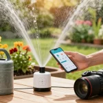 Smart sprinkler system installation in a sunny garden with vibrant plants, reflecting water conservation.
