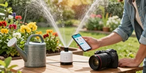 Smart sprinkler system installation in a sunny garden with vibrant plants, reflecting water conservation.