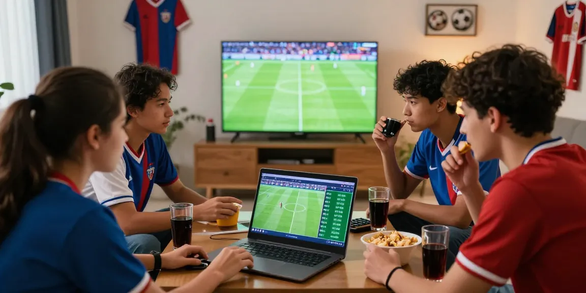 Friends enjoying football betting on Kèo Bóng Đá Hôm Nay platform with snacks and drinks.