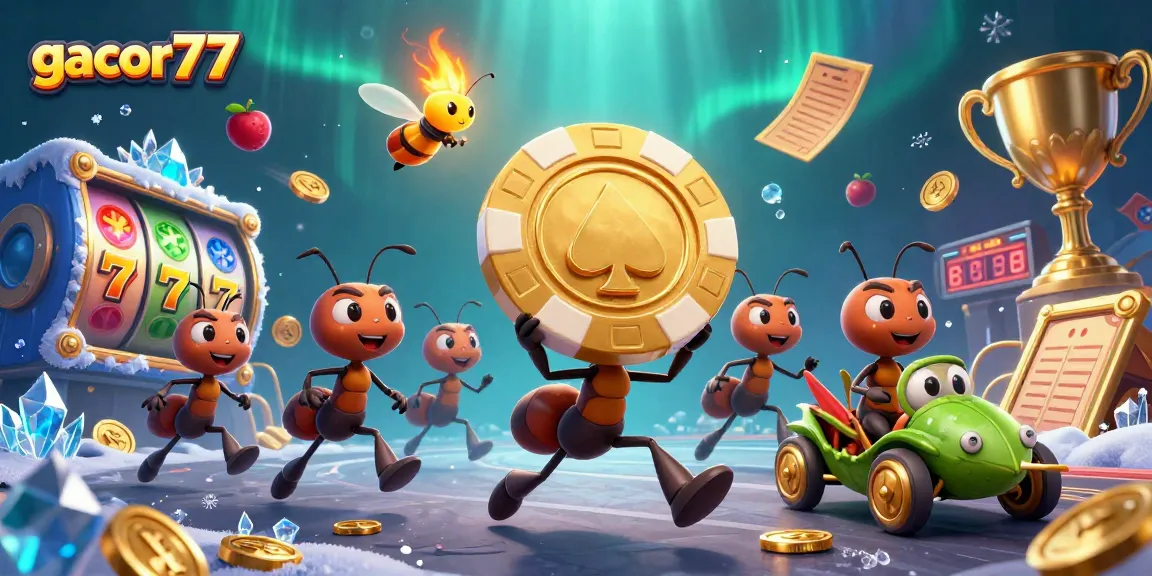 Menampilkan gacor77, tim 3D pengantar heist dengan chip poker emas melalui terowongan, dikelilingi elemen slot dan koin emas.