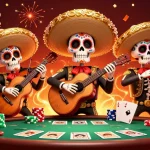 Jouez dans un casino en ligne avec des squelettes mariachi festifs, entourés de jetons de poker vibrants.