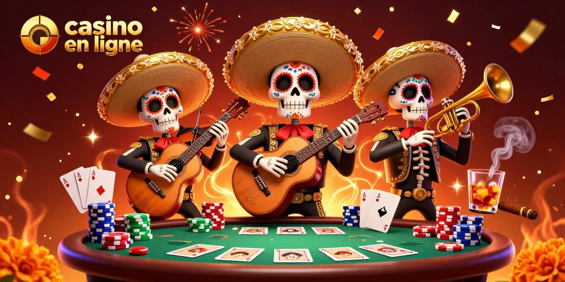 Jouez dans un casino en ligne avec des squelettes mariachi festifs, entourés de jetons de poker vibrants.