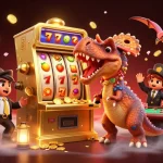 Experience the thrill of Nhà cái NEW88 with a cartoon dinosaur hitting the jackpot in a vibrant casino scene.
