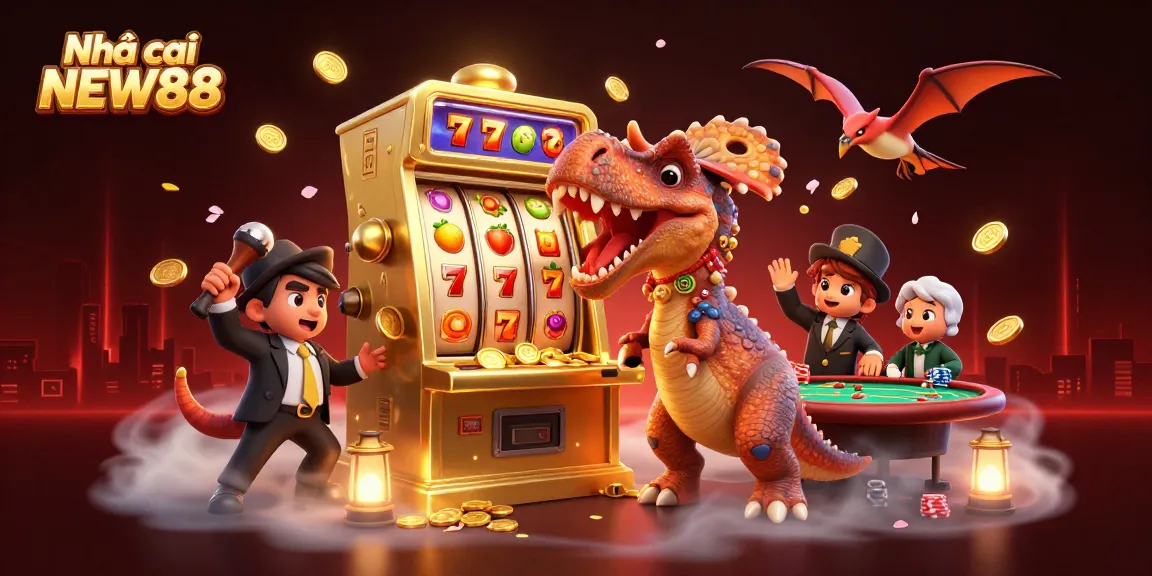 Experience the thrill of Nhà cái NEW88 with a cartoon dinosaur hitting the jackpot in a vibrant casino scene.