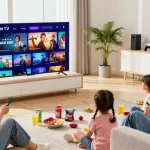 Family enjoying IRON TV streaming service in a cozy living room