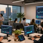 Innovative crypto trading workspace showcasing ifps analysis, monitors displaying blockchain data, individuals engaged in cryptocurrency discussions.