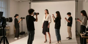 Servizi fotografici moda Milano: modello elegante in studio fotografico con styling e trucco professionale.