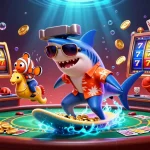 Experience the thrill of slot88 as a hammer-head shark surfs amidst golden coins and slot reels.