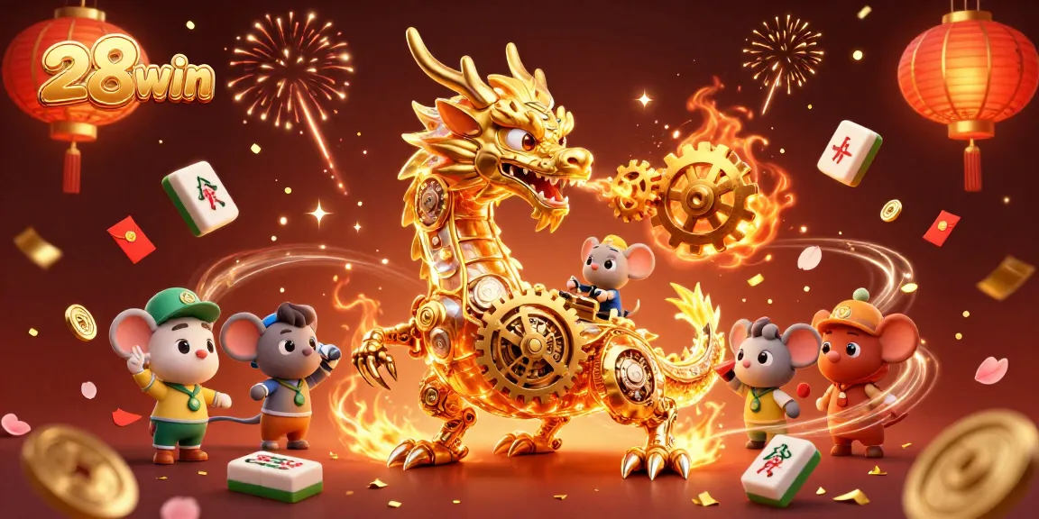 Experience the excitement at 28win with a vibrant 3D dragon illustration immersing players in gambling action.