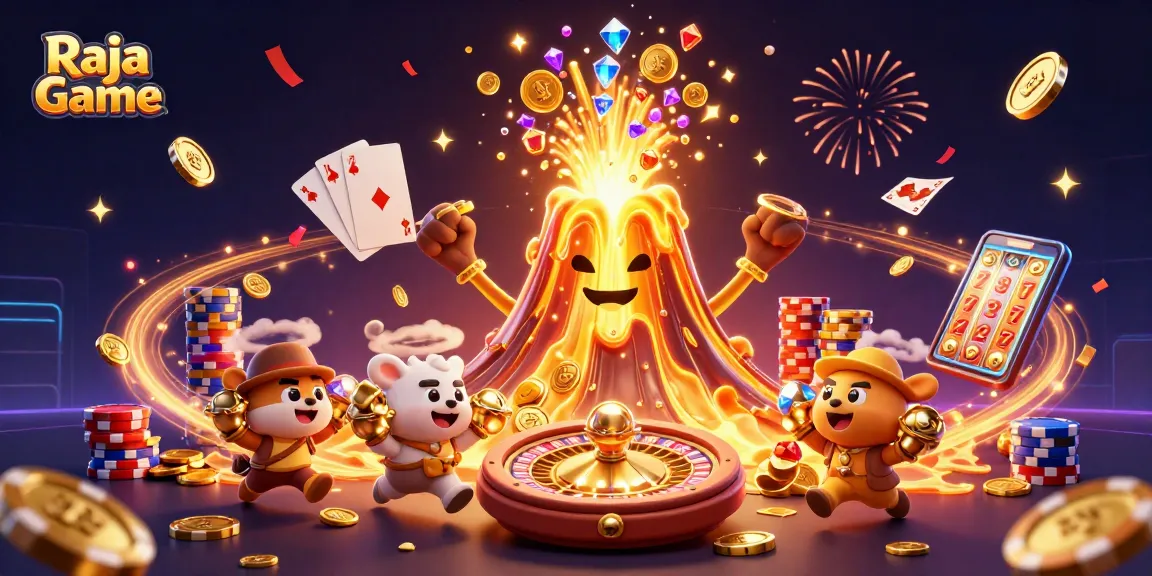 Engage with mesmerizing Raja Game visuals through a triumphant erupting volcano with treasures.