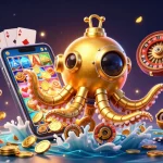 Join the excitement at yonibet with a golden kraken submarine surfacing through golden coins in a lively casino scene.