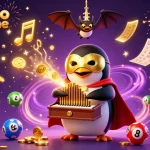 Casino en ligne : illustration colorée d'un pingouin jouant au pipeau avec des pièces d'or dans une ambiance festive.