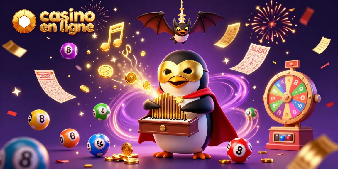 Casino en ligne : illustration colorée d'un pingouin jouant au pipeau avec des pièces d'or dans une ambiance festive.