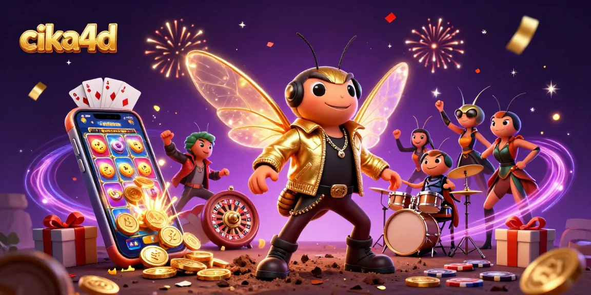 Cika4d showcases a lively 3D scene with a cicada rock star and gaming elements, celebrating online slots.