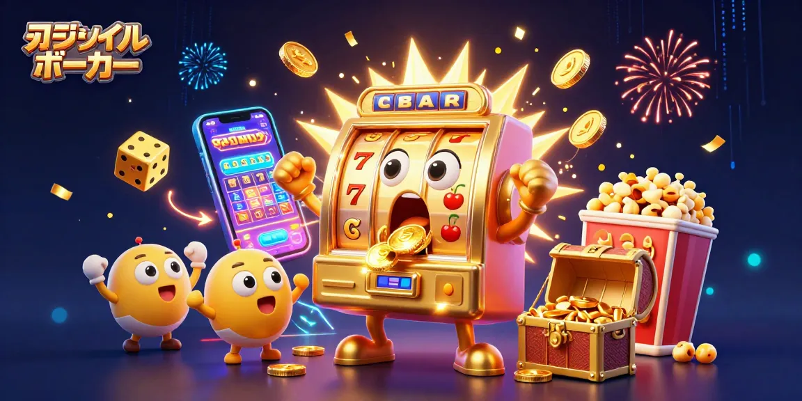 オンラインポーカーで大ジャックポットを狙う黄金のスロットマシンが驚いた表情でコインを吐き出すイラスト