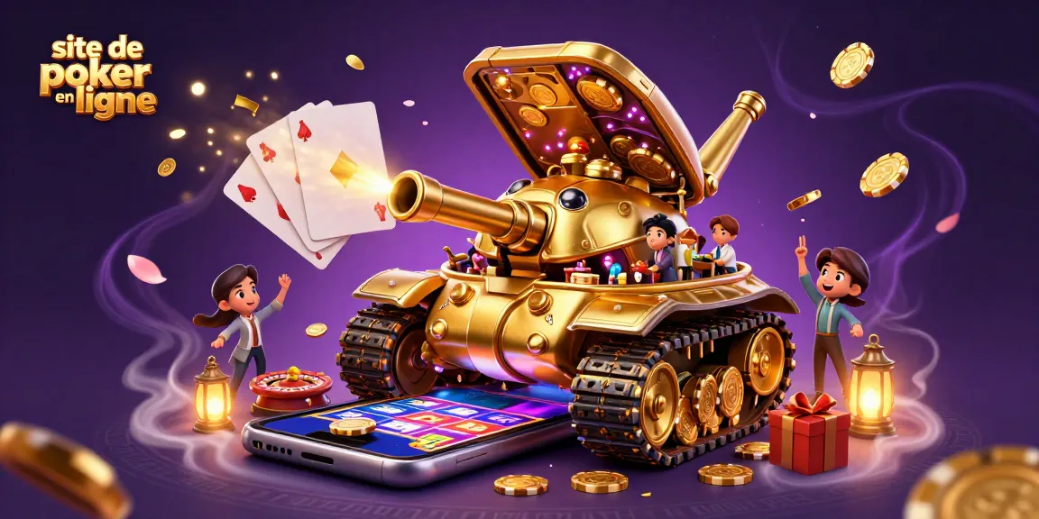 Découvrez le site de poker en ligne avec un tank en or, des jeux, et une ambiance festive.