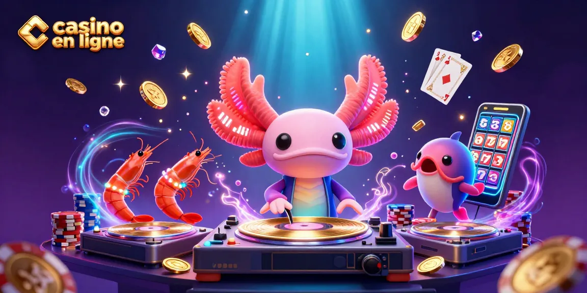 Jouez à des jeux au casino en ligne avec un DJ axolotl et des éléments colorés.