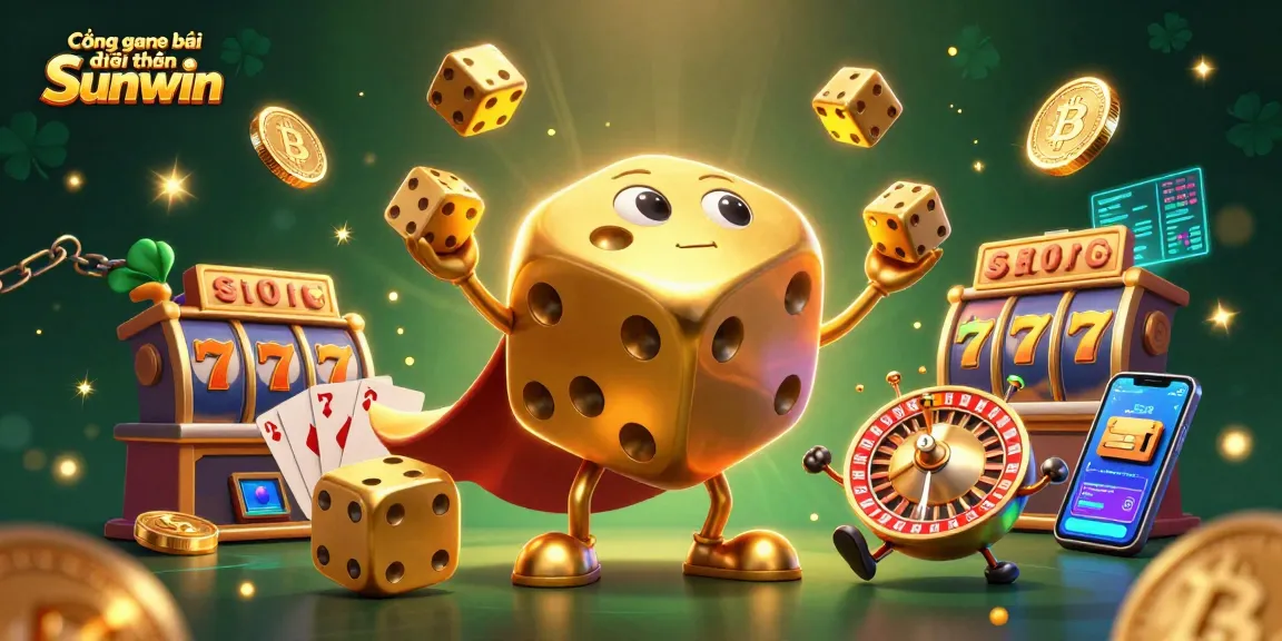 Cổng game bài đổi thưởng Sunwin highlights a golden dice golem and jackpot symbols in a vibrant gaming scene.