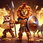 Engage with ai88bet's thrilling gaming adventure featuring a Spartan lion, owl strategist, and greyhound messenger in a vibrant casino scene.