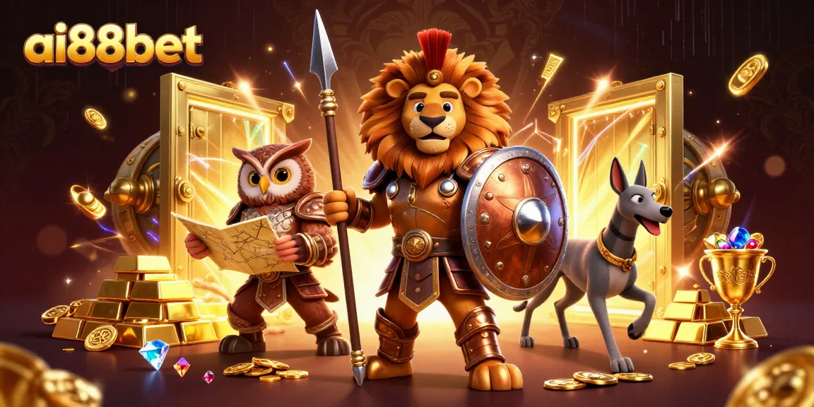Engage with ai88bet's thrilling gaming adventure featuring a Spartan lion, owl strategist, and greyhound messenger in a vibrant casino scene.