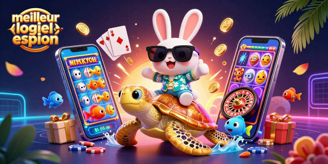 Mise en avant du meilleur logiciel espion dans une scène de casino dynamique avec un lapin chanceux.