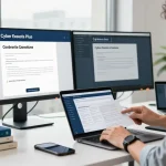 Consultant analyzing Cyber Essentials Plus certification requirements in a modern cybersecurity office