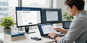 Consultant analyzing Cyber Essentials Plus certification requirements in a modern cybersecurity office
