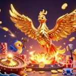 Exploitez les gains des jeux de casino en ligne avec une illustration scintillante de phoenix doré et pièces d'or.