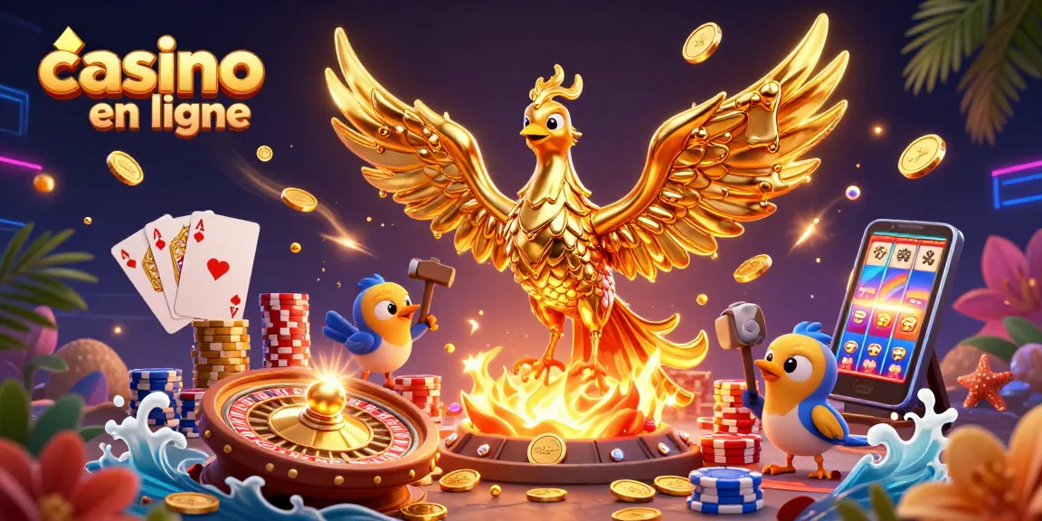 Exploitez les gains des jeux de casino en ligne avec une illustration scintillante de phoenix doré et pièces d'or.