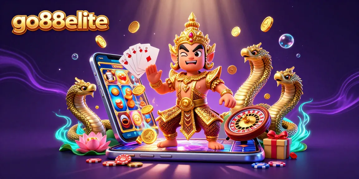 Engage with exciting games at go88elite, featuring a friendly yaksha guardian amidst vibrant casino elements.
