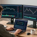 Trader analyzing market trends using mt5 on dual monitors in a modern office.