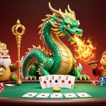 Illustration captivante de casino en ligne avec dragon émeraude, sage et grues porte-bonheur.