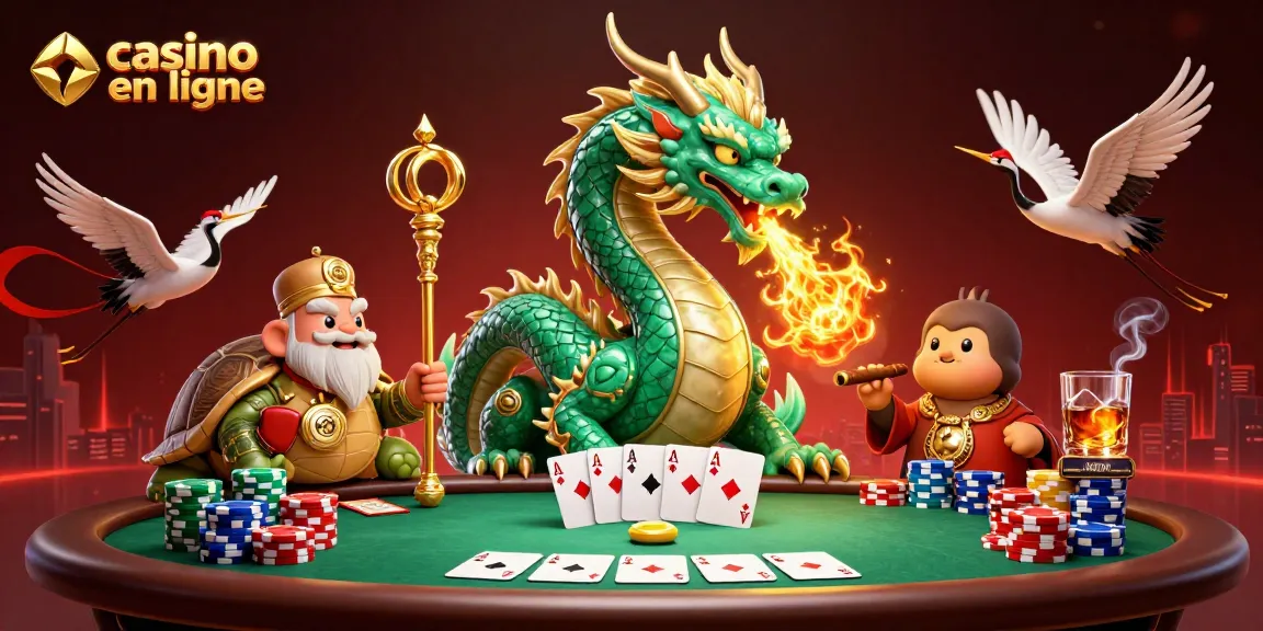 Illustration captivante de casino en ligne avec dragon émeraude, sage et grues porte-bonheur.