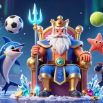 Découvrez des jeux captivants sur un casino en ligne avec Neptune entouré de trésors et d'éléments sportifs.