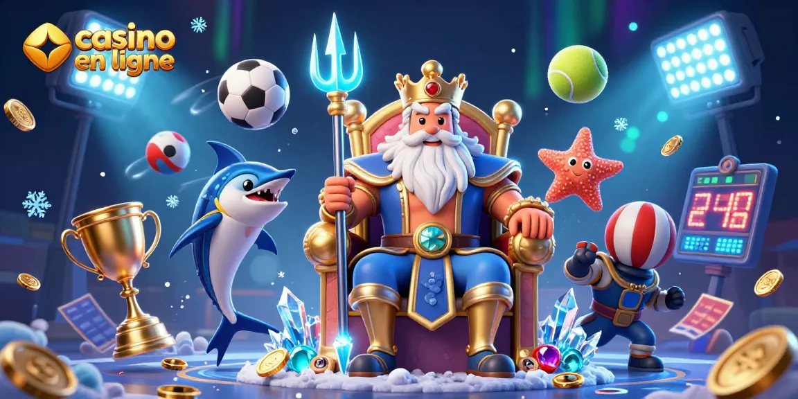 Découvrez des jeux captivants sur un casino en ligne avec Neptune entouré de trésors et d'éléments sportifs.