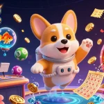 Une illustration humoristique de 'casino en ligne' mettant en scène un corgi astronaute et des éléments de loterie.
