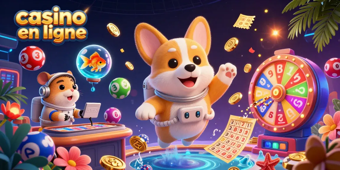 Une illustration humoristique de 'casino en ligne' mettant en scène un corgi astronaute et des éléments de loterie.