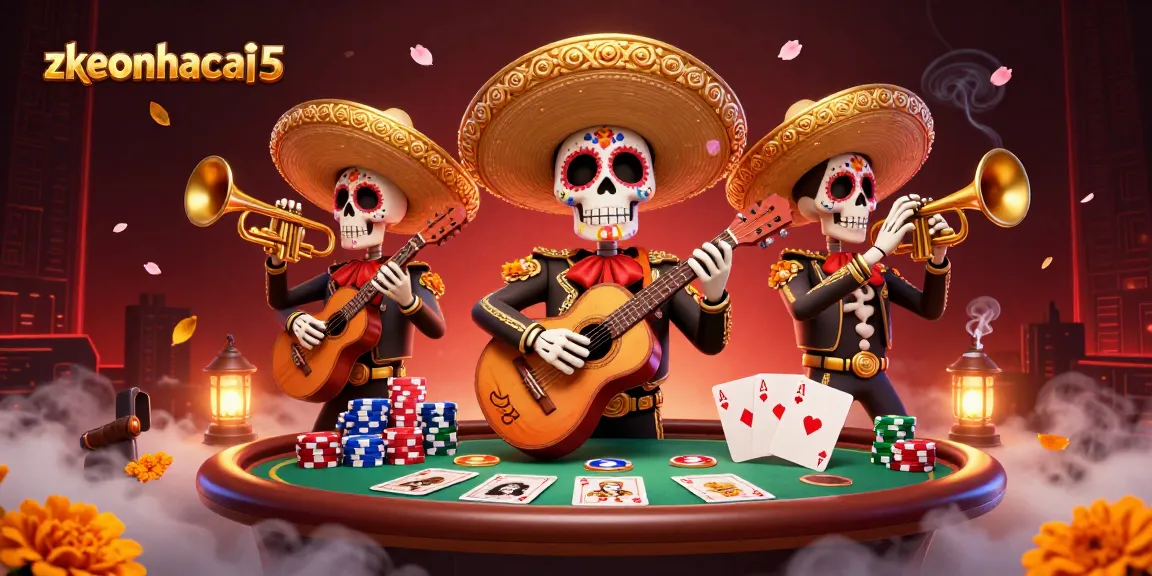 Engage with zkeonhacai5's vibrant scene of a Day of the Dead mariachi band at a poker table.