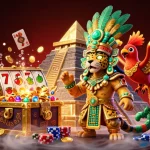 Engage in J88 casino excitement with a colorful illustration of slot reels and a Mayan jaguar priest.