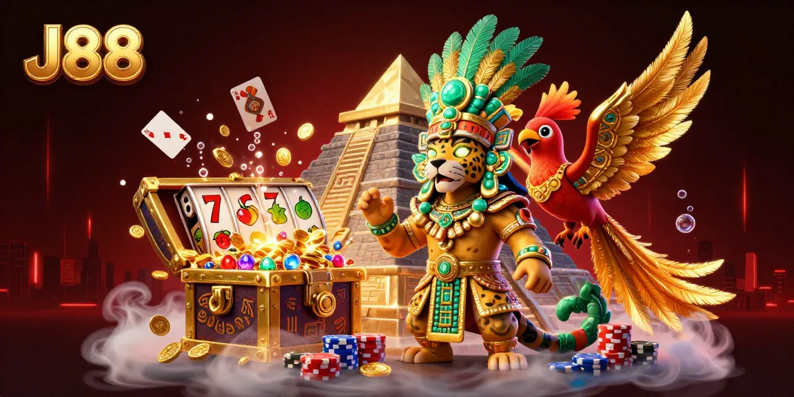 Engage in J88 casino excitement with a colorful illustration of slot reels and a Mayan jaguar priest.