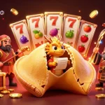 Bet big with kerajitu in a colorful 3D scene showcasing a giant golden fortune cookie and slot machines.